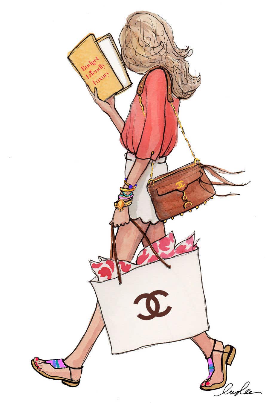 Penyertaan Peraduan #18 untuk                                                 Change title of book to “Budget Friendly Luxury” 
Change logo on bag to Chanel
Change girls hair to curly
                                            