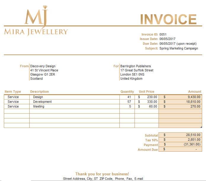 Konkurrenceindlæg #62 for                                                 Create a Branded Excel Invoice for a Jewellery Company
                                            