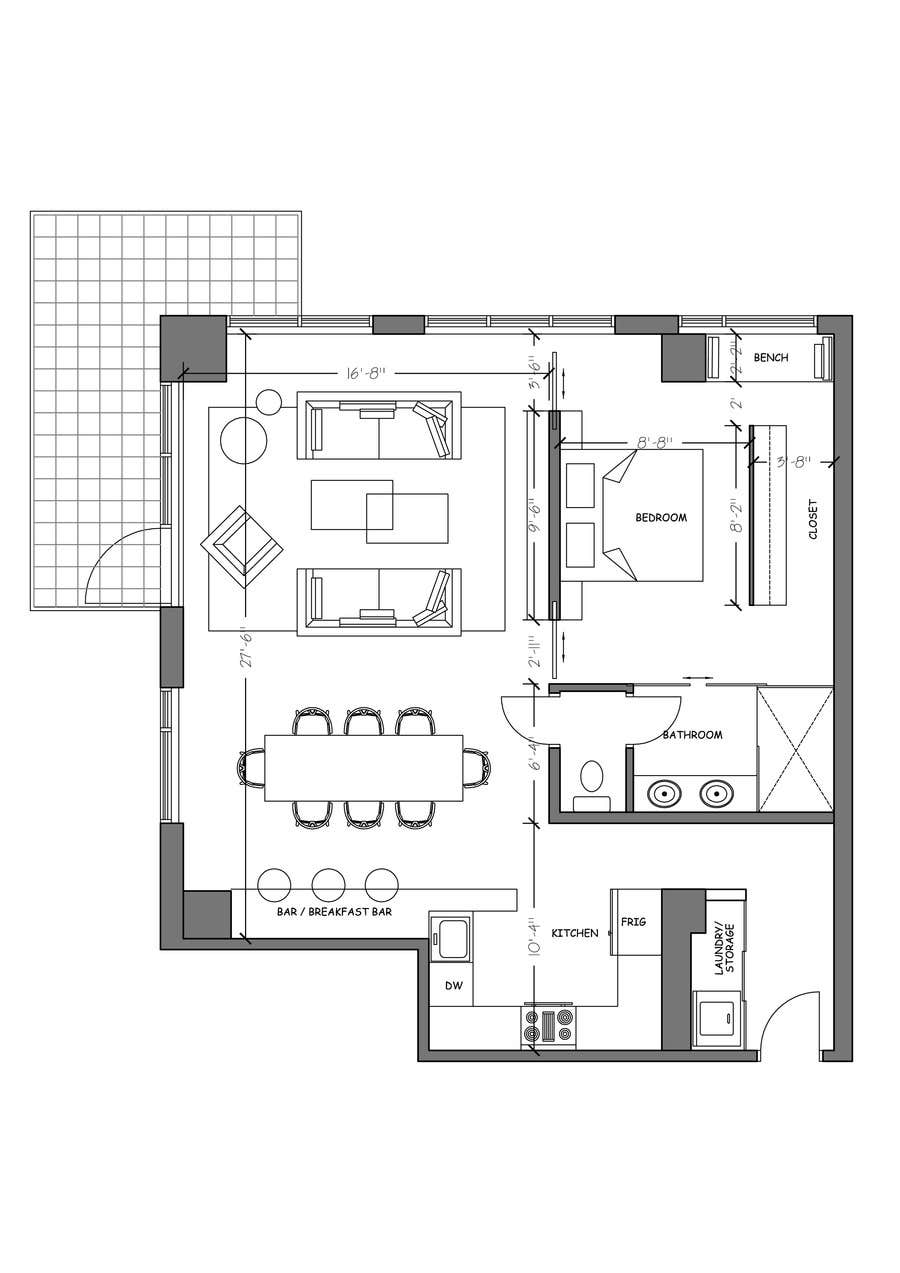Kilpailutyö #6 kilpailussa                                                 Floor plan/interior ideas for sub-penthouse condo (1000sq feet)
                                            