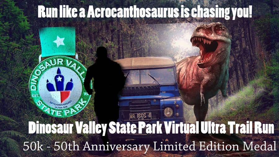 Penyertaan Peraduan #49 untuk                                                 Dinosaur chasing man Facebook ad Banner Medal 50k Trail Run
                                            