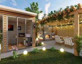 a rendering of a backyard patio with a fire place and a pergola