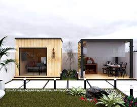 a rendering of a shipping container home with a terrace and a garden