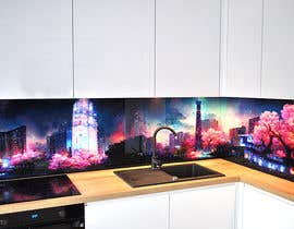 a kitchen counter with a sink and a picture of a city at night