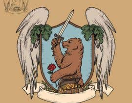 a drawing of a bear holding a sword in front of two angel wings