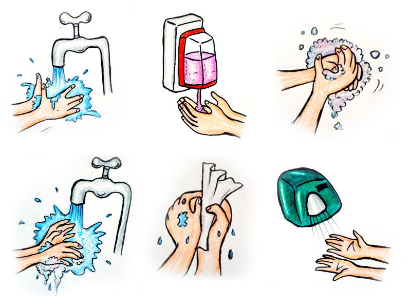 5 drawings for a strip depicting the washing of hands for children