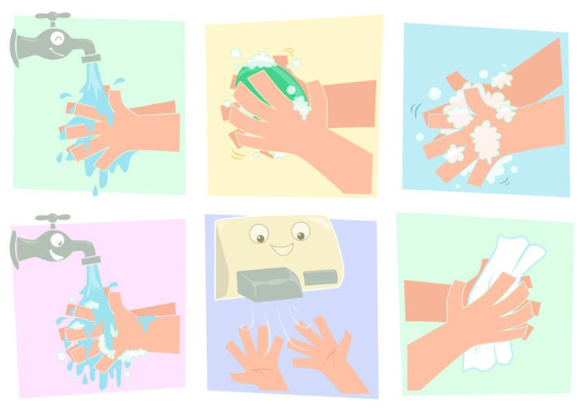 Kilpailutyö #17 kilpailussa                                                 5 drawings for a strip depicting the washing of hands for children
                                            