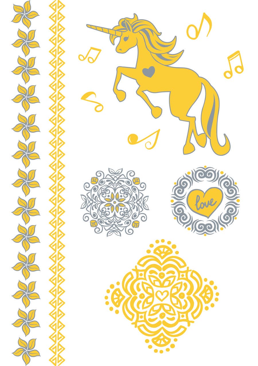 Proposition n°17 du concours                                                 Design, illustrate or art work - Metallic temporary tattoo flash sheets Unicorns and love
                                            