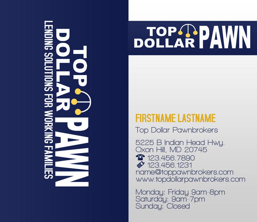 Συμμετοχή Διαγωνισμού #103 για                                                 Business Card Design for Top Dollar Pawnbrokers
                                            