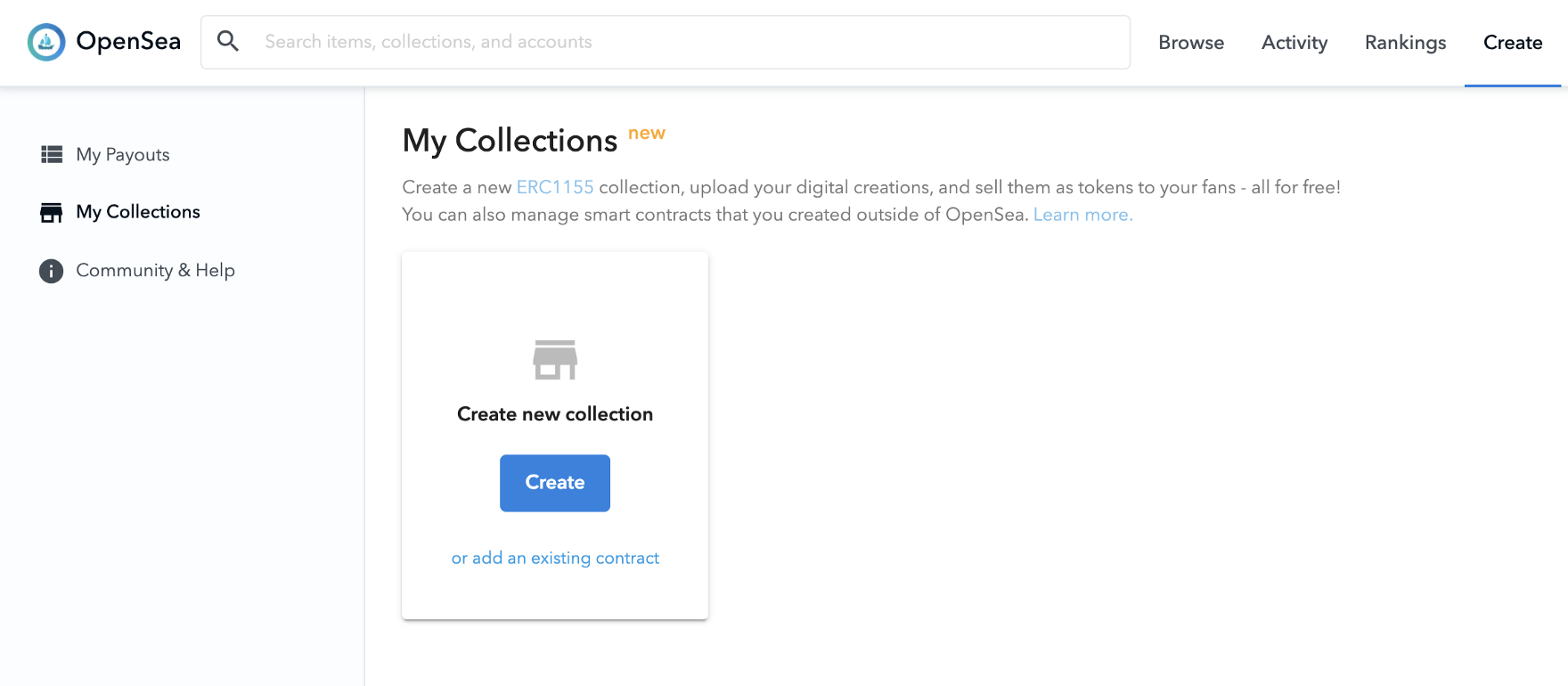 OpenSea screenshot, My Collections