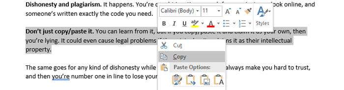 Image of copying and pasting in Word